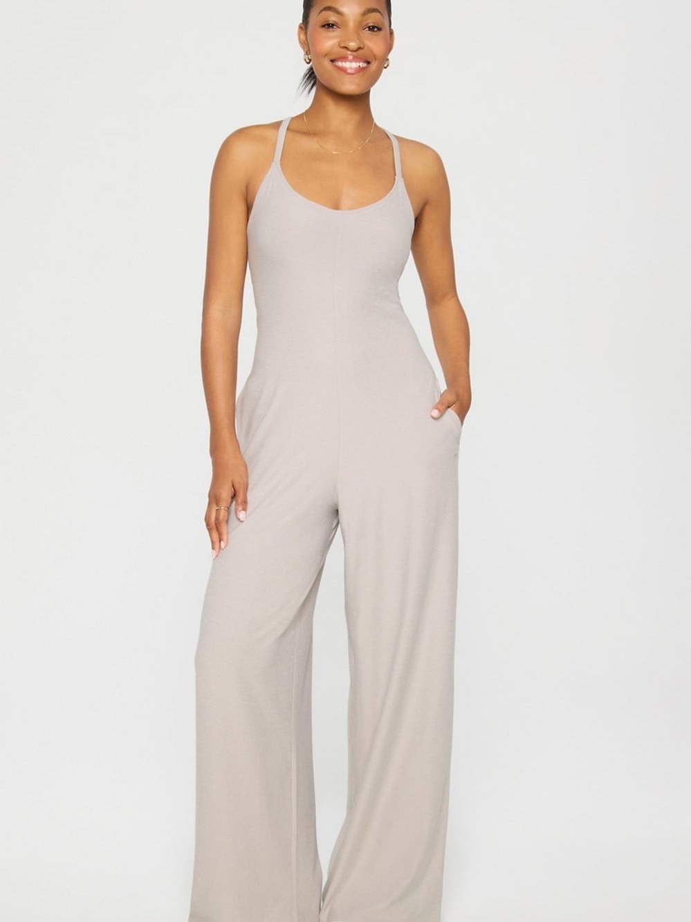 Fabletics Taupe Scoop-Neck Wide-Leg Jumpsuit
